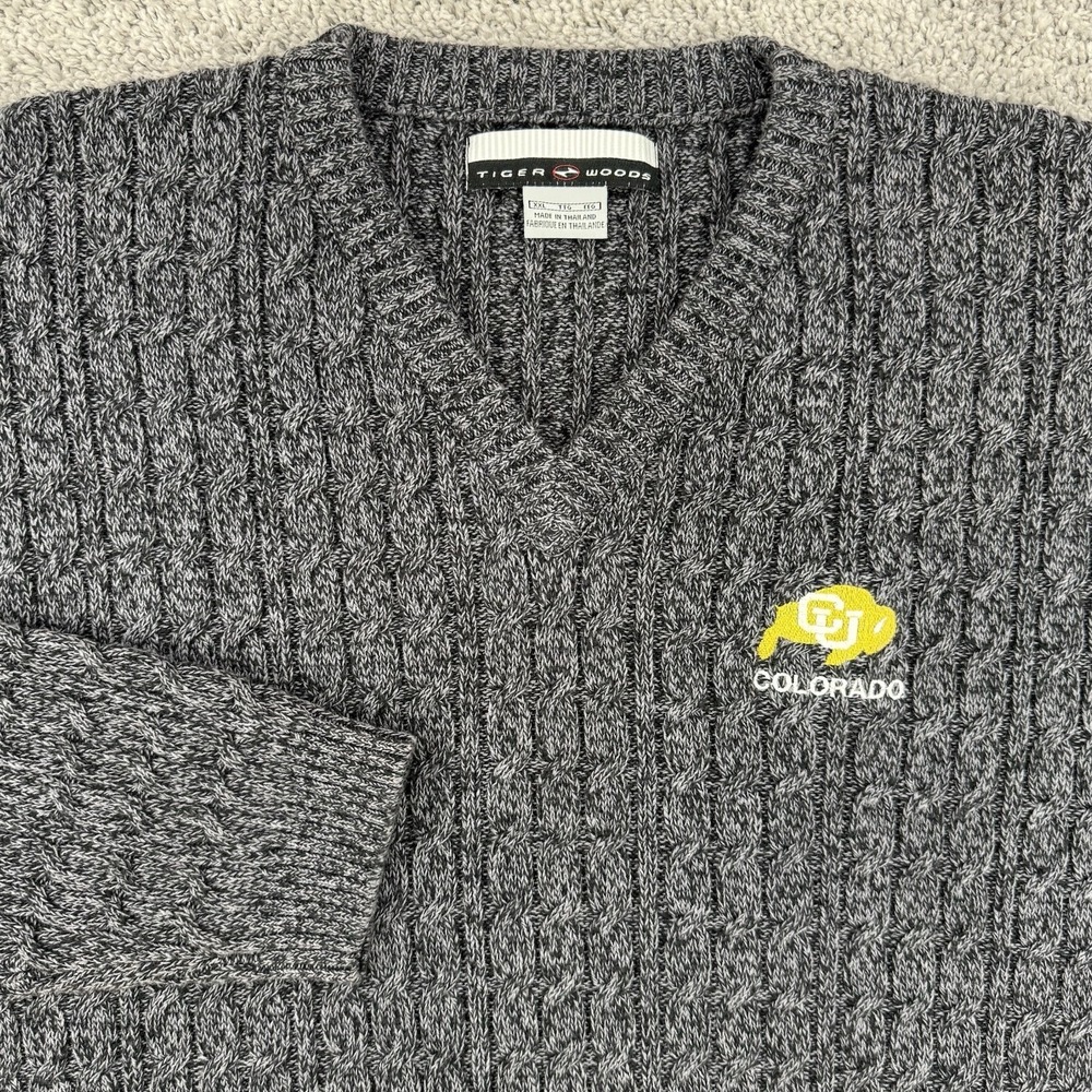 Vintage Tiger Woods x Colorado Buffaloes Sweater Mens XXL Gray Cable-Knit V-Neck